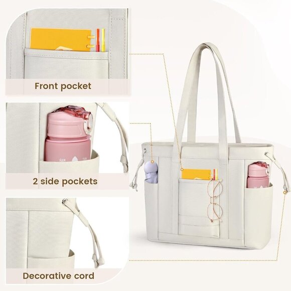 Canvas Tote Bags for Women, Waterproof College Tote with Zipper & Compartments - Picture 3 of 8